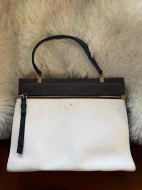 kate spade leather handbag in white, brown, & black with removable strap